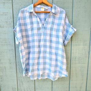C & C California Plaid Gingham Print Linen Boxy Blouse size L Blue White